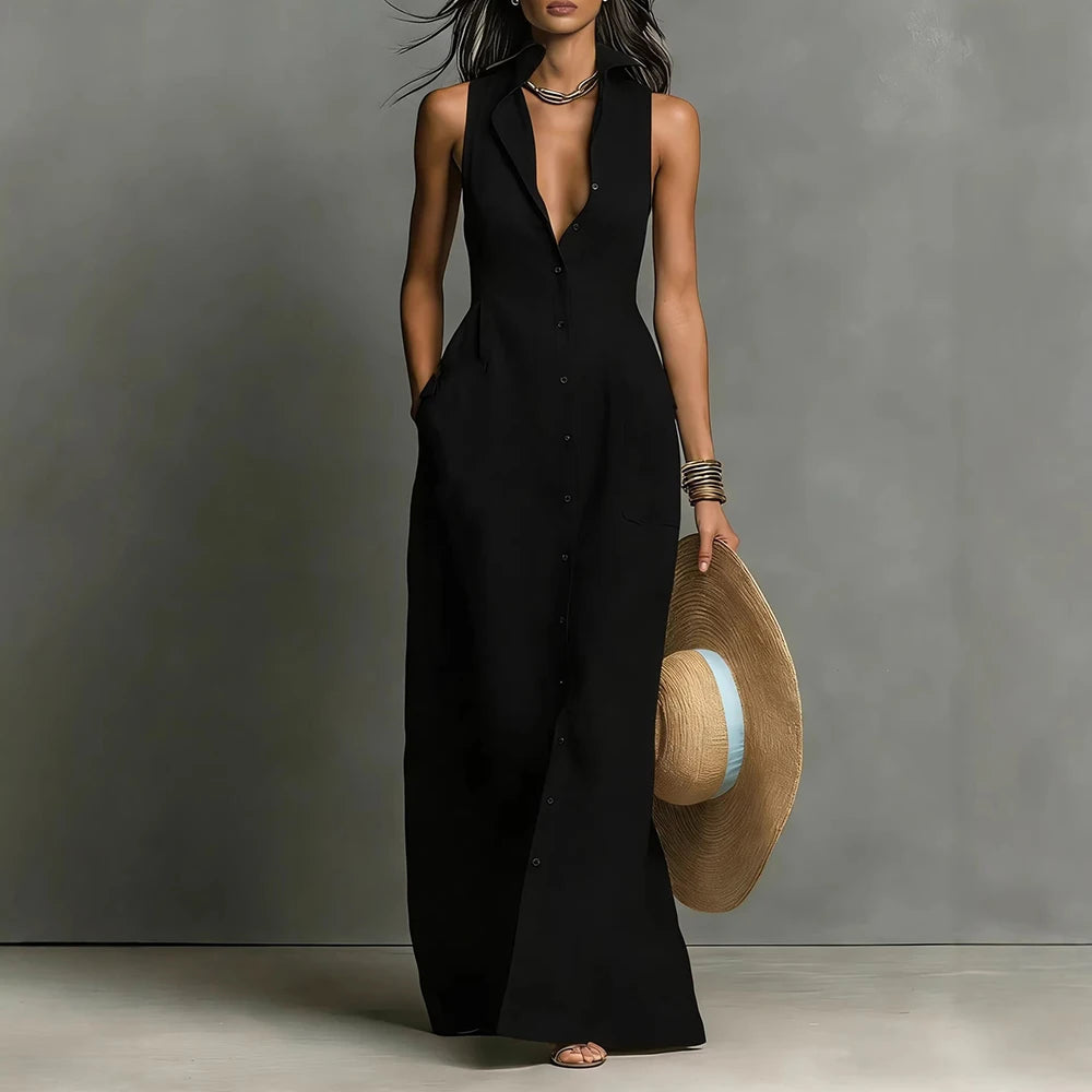 Maxi Dress – Sleeveless Deep V Neck Button Down – Polyester | KIMLUD