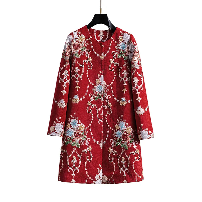 Embroidered Beaded Coat – Floral Longline – Red | KIMLUD