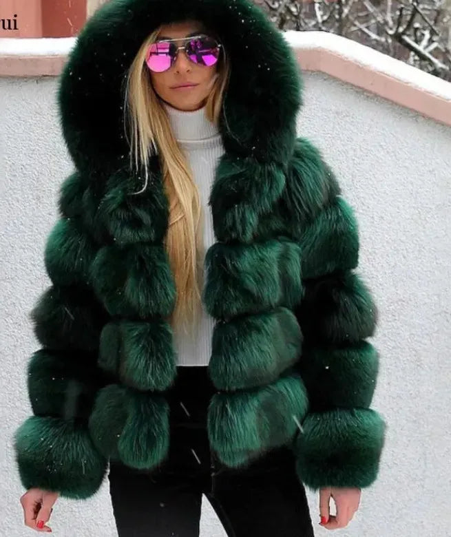 DEAT Fashion Imitation Fox Fur Grass Jacket Women's Hooded Loose Long Sleeves Patchwork Plush Thick Coat Winter New 7A975