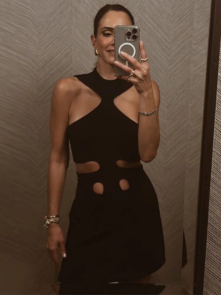 Elegant Halter Women's Dress Sleeveless Hollow Out Hip Package Lady Mini Dresses 2026 Spring Summer Chic Female Robe Holiday