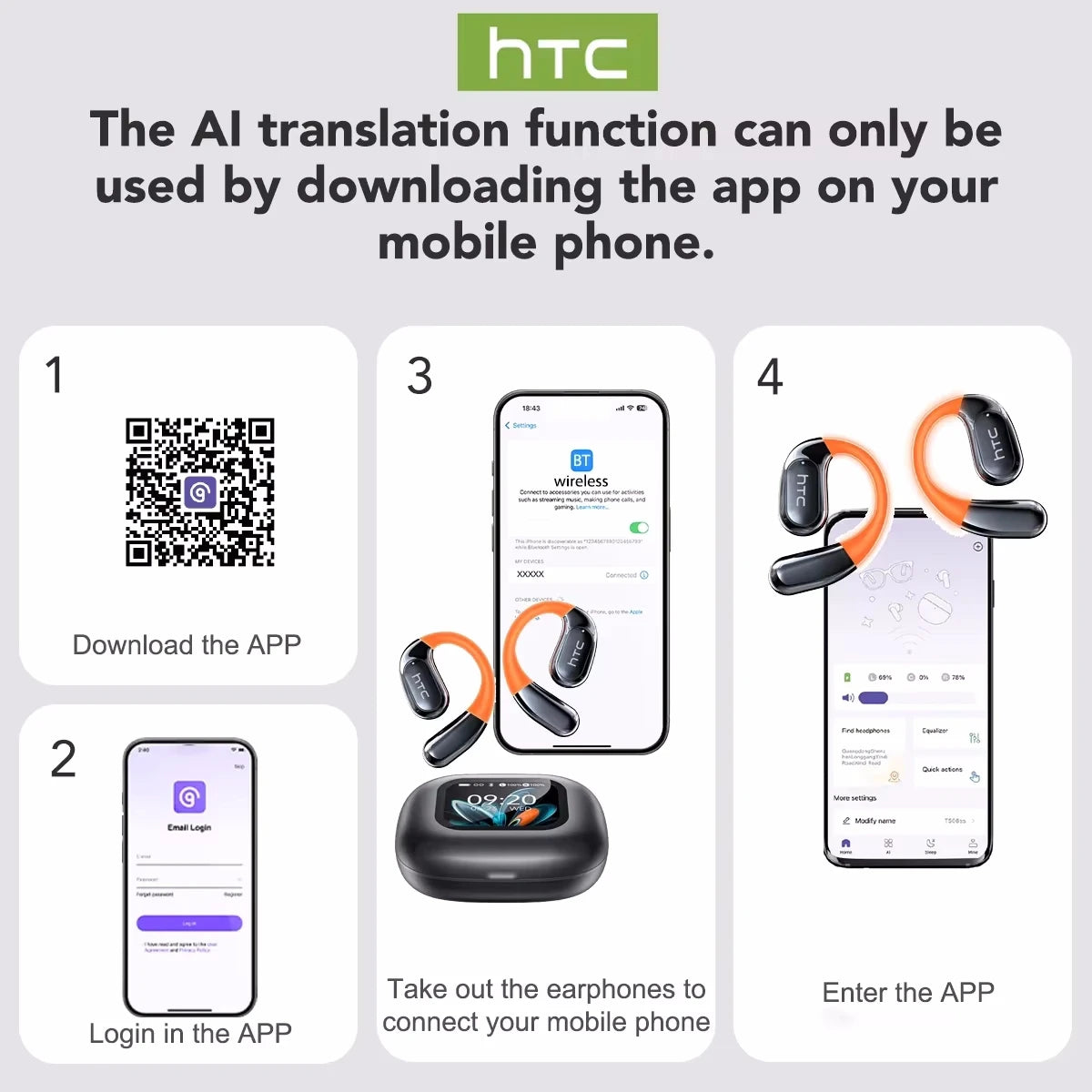 HTC NE27 Wireless Headphones AI Translator Earbuds OWS Sports Bluetooth Earphones Glowing Earhook Customizable Wallpaper Screen