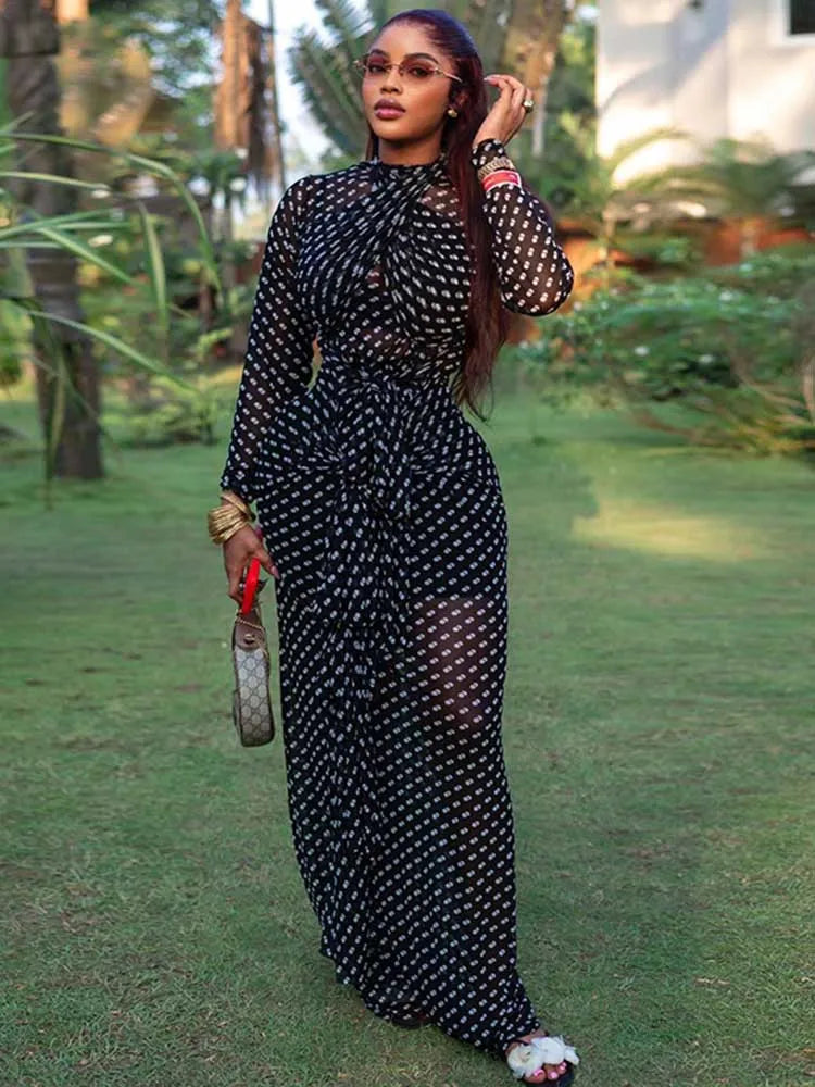 Maxi Dress – Mid-Turtleneck – Polyester – Black White | KIMLUD