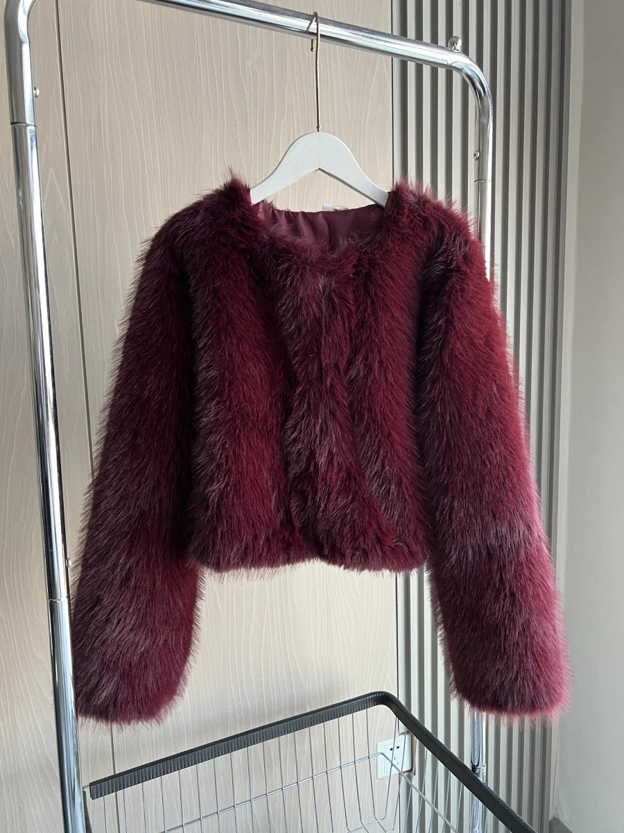 Faux fur jacket 2025 Fall/Winter New Fashion Women's Faux Fur Effect Round Neck Long Sleeve Short Jacket