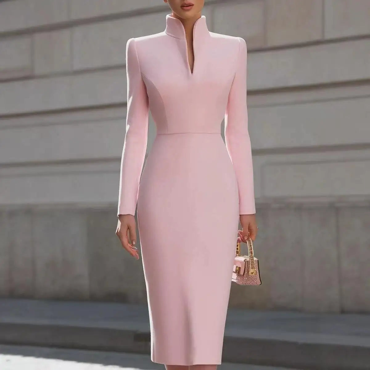 Bodycon Midi Dress – Stand Collar Split Neck – Polyester – Beige | KIMLUD