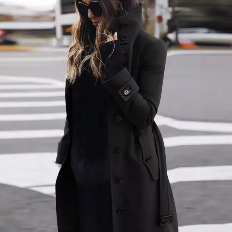 Autumn Winter New Woolen Coat Women's Slim Fit Cardigan Large Coat Women Long Sleeve Single Breasted Stand Collar Trench coats