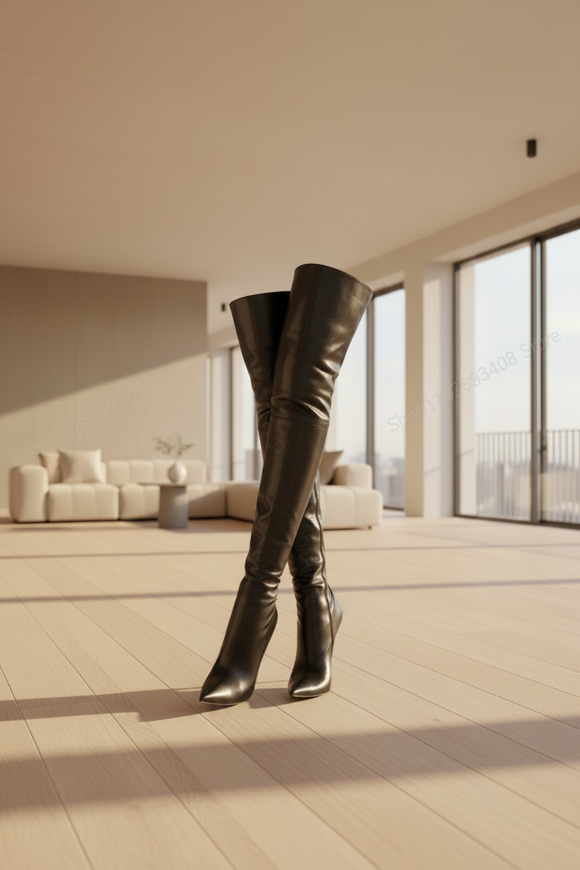 Matte Leather Over The Knee Boots Pointed Toe Stiletto High Heel Side Zipper — Black | KIMLUD