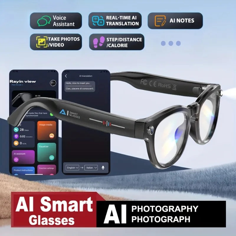 AI Voice Assistant Smart Glasses - Wireless Calls, AI Translation,  with LED Flashlight Remote Camera, Music Playback,  Gift