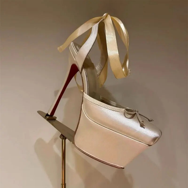 Cross-Strap Silk Sandals With Platform Bow — Blush Pink | KIMLUD