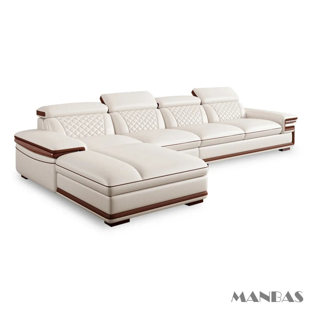 Genuine Italian Leather Sofa Set With Adjustable Headrests — Ivory | KIMLUD