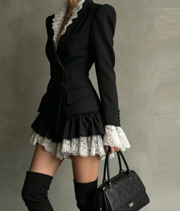 Mini Dress – Double Breasted Lapel – Lace Ruffle Silhouette – Polyester | KIMLUD