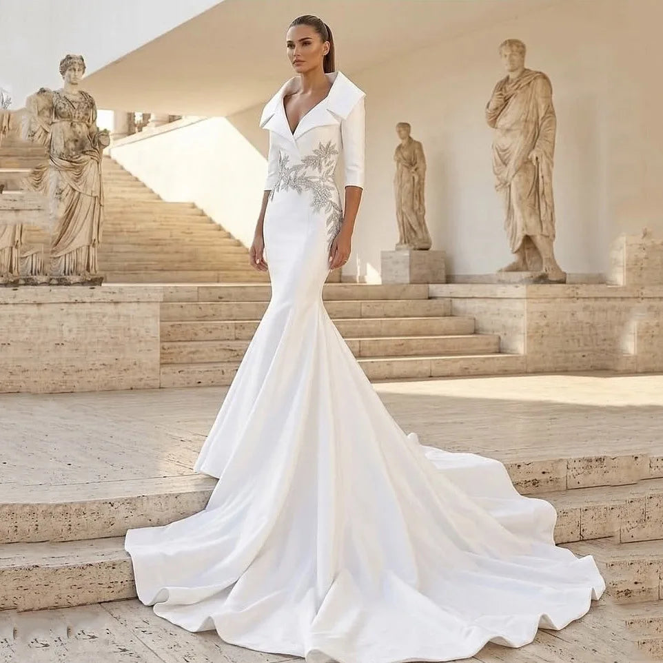 Gorgeous Dubai Prom Dress Beaded Custom Made Prom Gowns Mermaid Turn Down Collar Long Prom Dresses with Sleeves High Couture