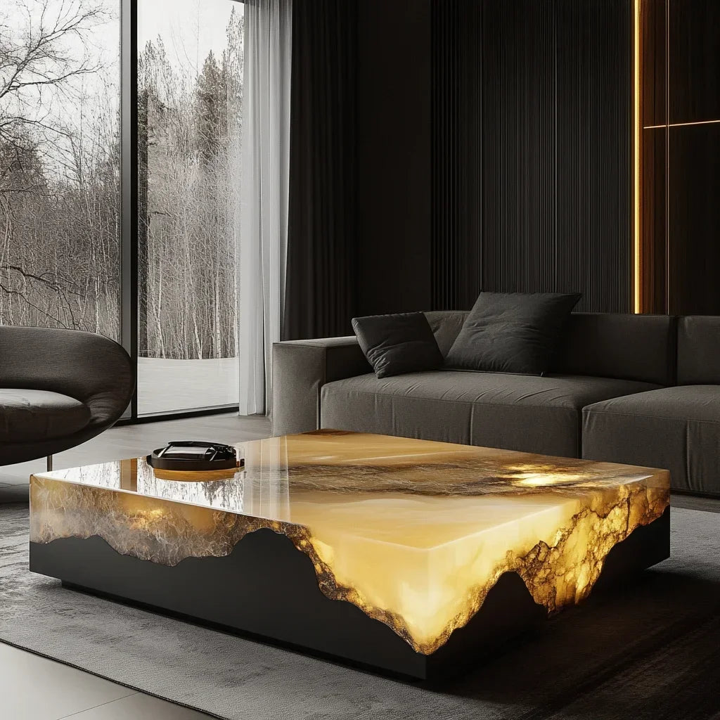 G53 Square luminous jade coffee table leather light luxury minimalist style living room luxury stone natural marble