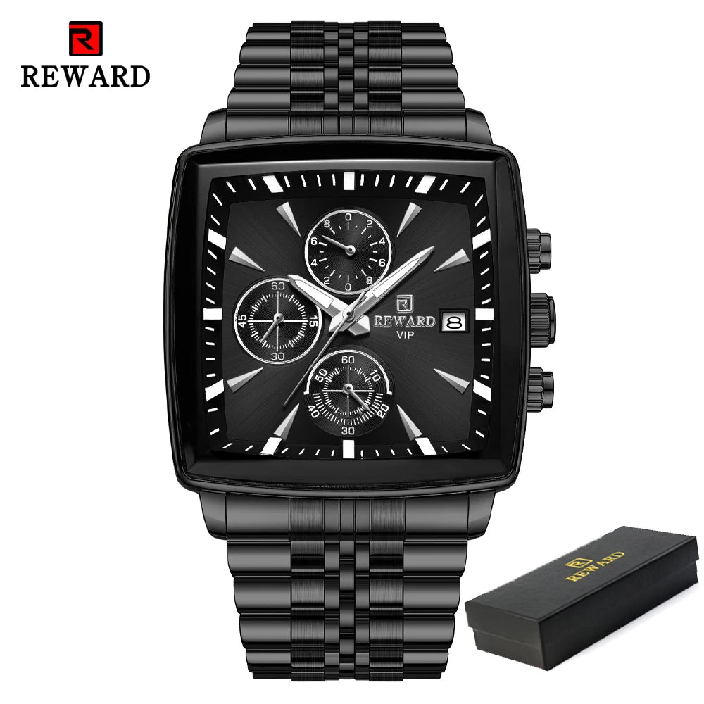 REWARD Fashion Square Dial Watch for Men Stainless Steel Waterproof Quartz Chronograph Mens Watches Luxury Sport Male Clock