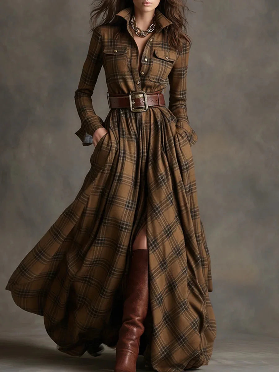 Long Sleeve Shirt Dress – Grid Printed – Jersey – Loose Fit | KIMLUD