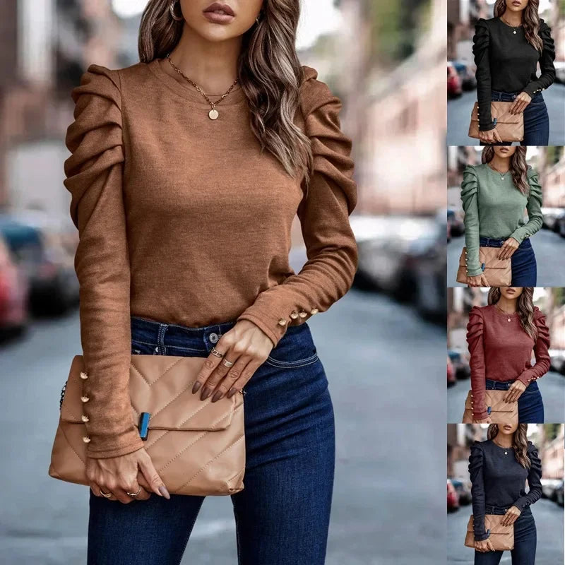 Long Sleeve Blouse – O-Neck Puff Sleeve – Knit – Solid Office Top | KIMLUD