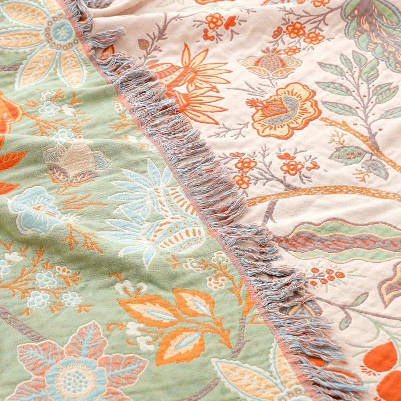 Pure Cotton 4 Layer Gauze Towel Blanket Floral Motif — Cream-Ivory | KIMLUD