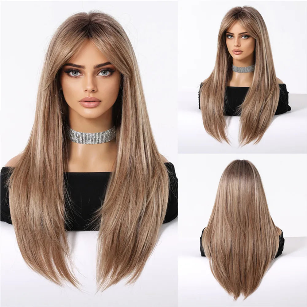 ALAN EATON Chestnut Brown Synthetic Wig with Bangs Long Straight Wig Natural Layered Hair Smooth Soft Daily Wig Heat Resistant