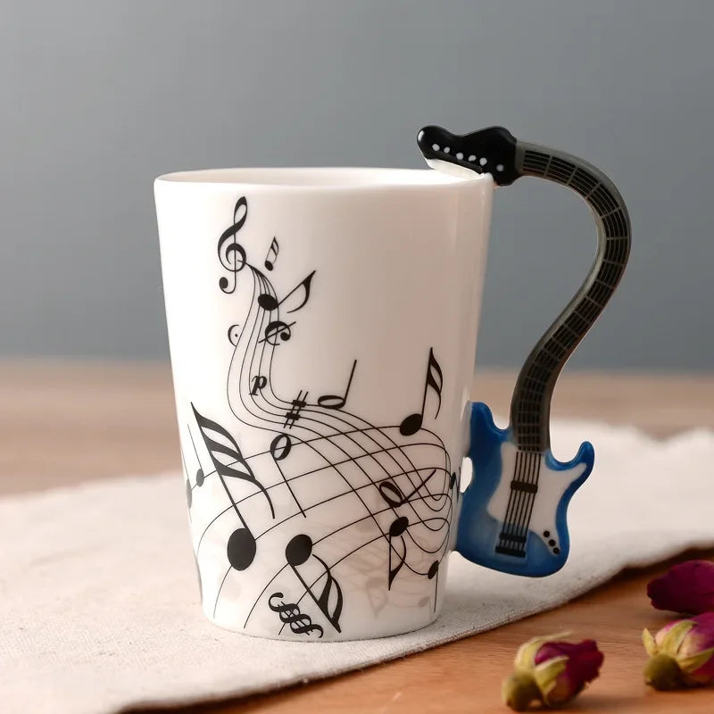 Bone China Mug With Music Note Motif And Delicate Guitar Handle — White | KIMLUD