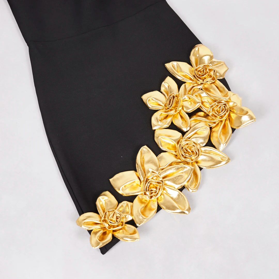 Bandage Bodycon Dress Long Sleeve Square Collar Gold Florals — Black | KIMLUD
