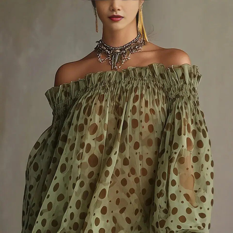 Polyester Off-Shoulder Puff Sleeve Mini Dress Olive Polka Dot | KIMLUD