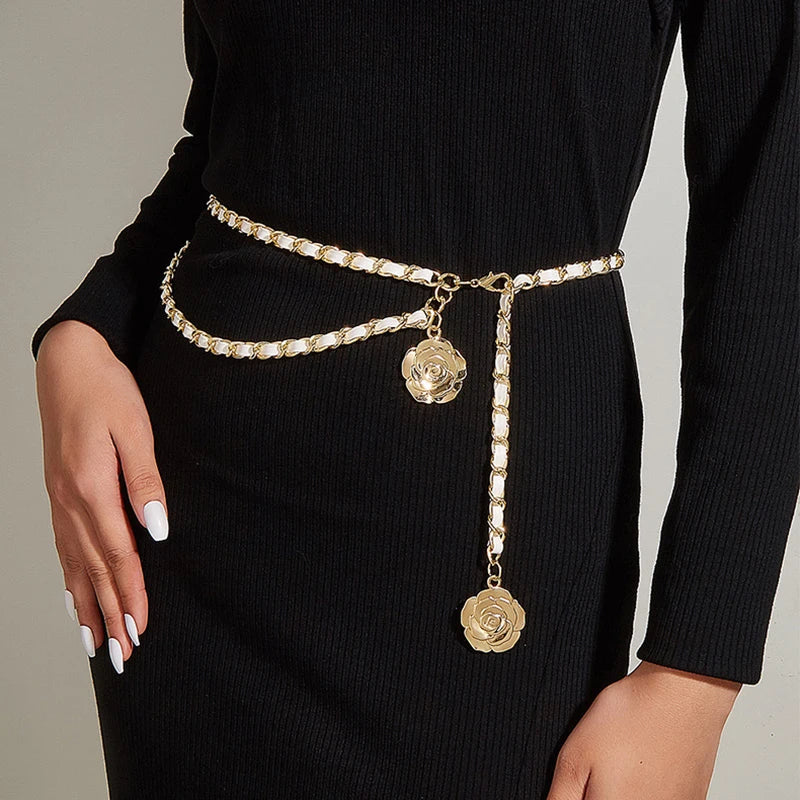 Metal Waist Chain Belt With Circular Flower Pendant And Fine Chain Strap — Gold | KIMLUD