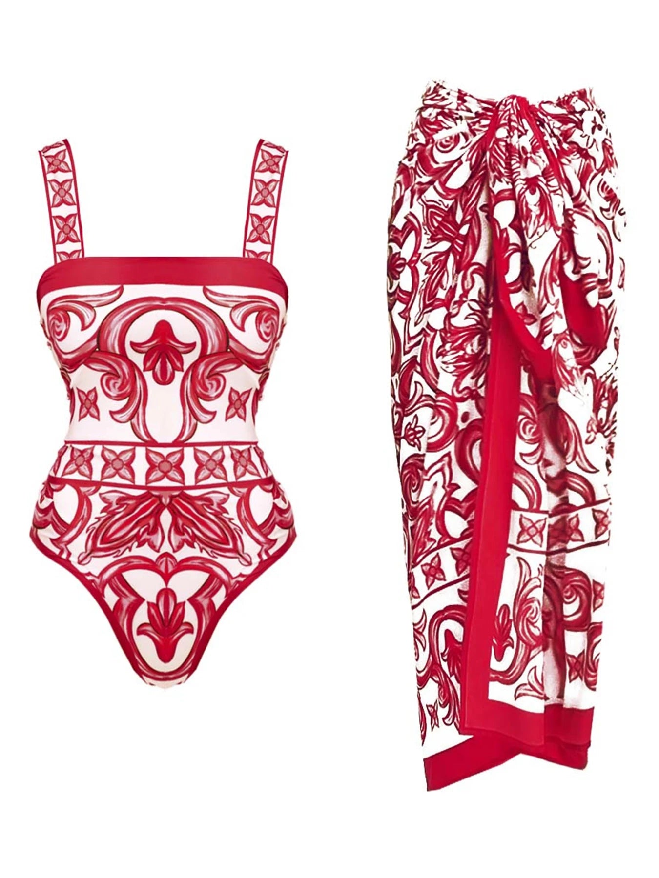 Ethnic Print High Waist One Piece Swimsuit — Red | KIMLUD