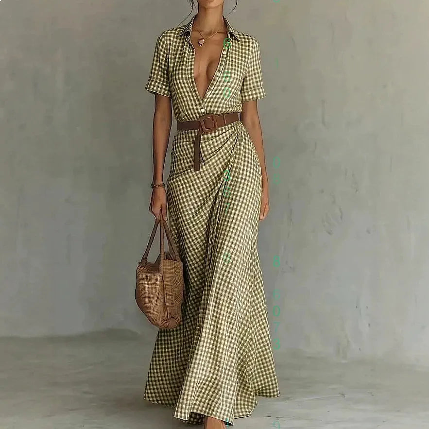 Polyester Blend Plaid Button Dress — Black | KIMLUD