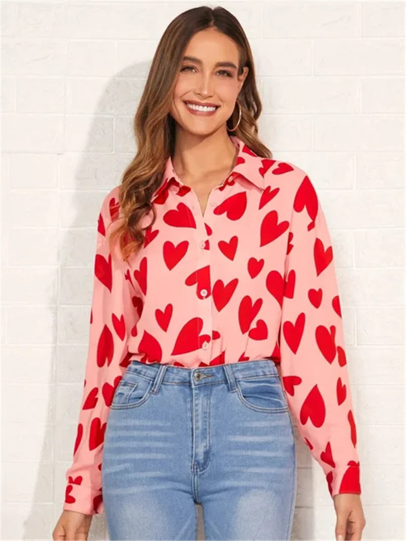 Chiffon Blouse – Love Heart Print – Slim | KIMLUD