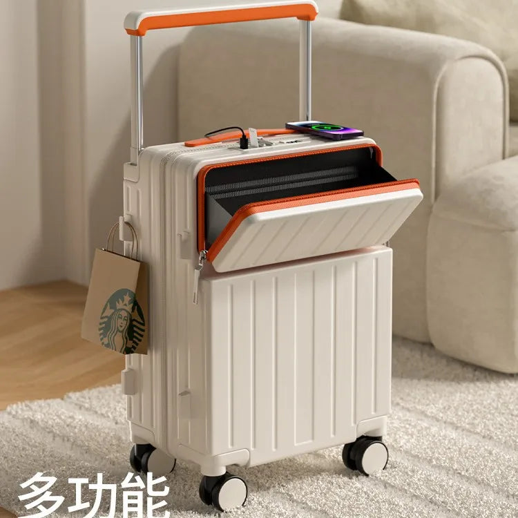 Wide tie rod suitcase Men's and women's multi-functional front opening boarding case New water cup holder Password travel case
