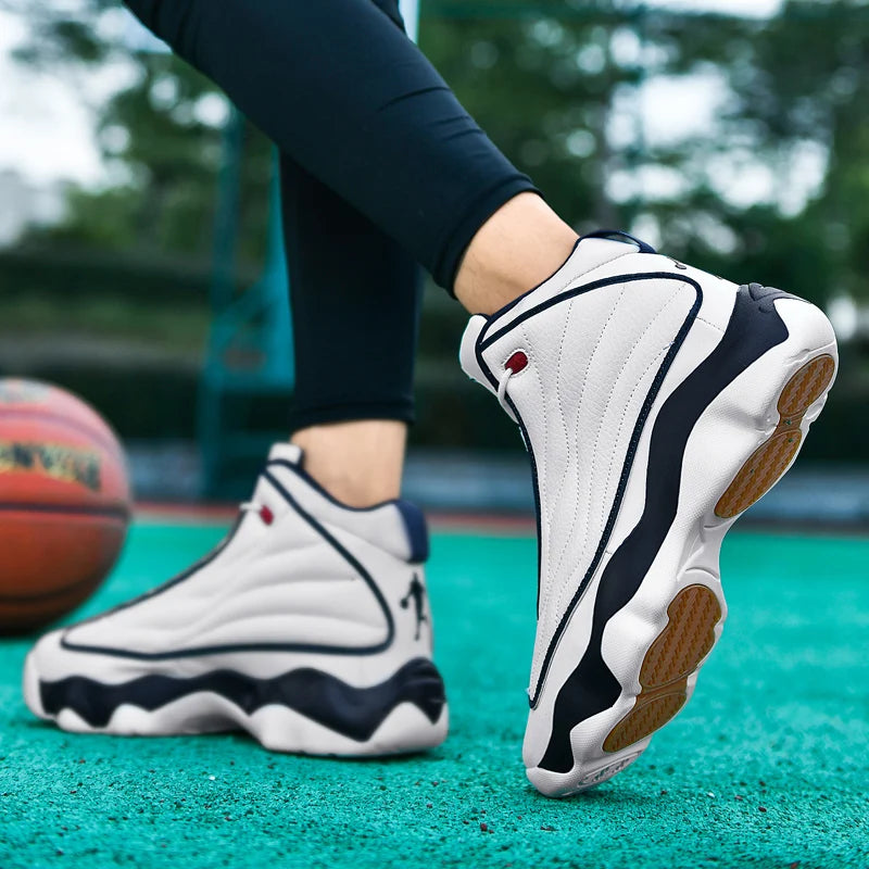 Luxury Leather Basketball Shoes Anti Slip Outdoor Trainers — Black | KIMLUD