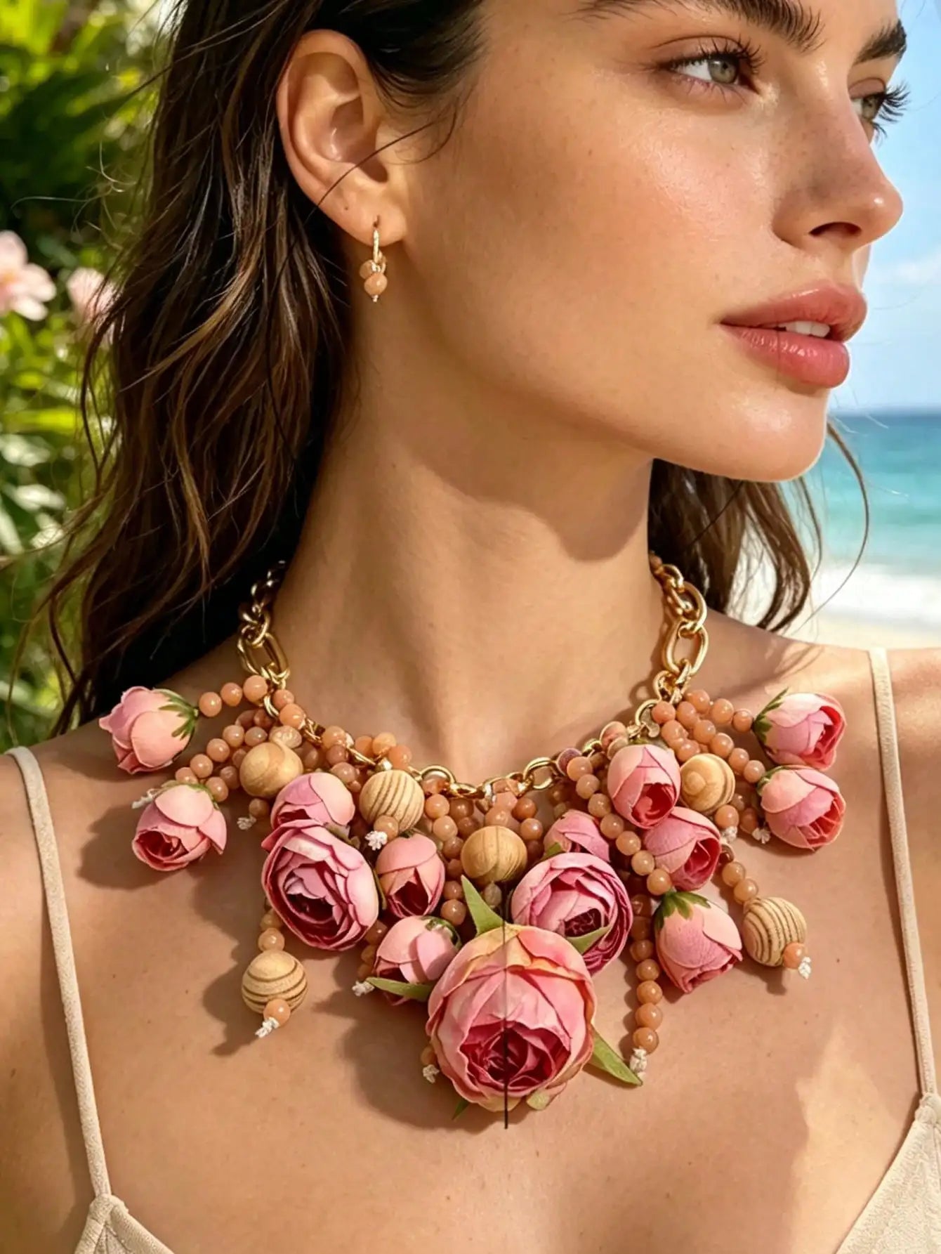 Summer Pink Floral Statement Necklace Handmade Fabric Rose Wood Bead Gold Chain Beach Vacation Jewelry