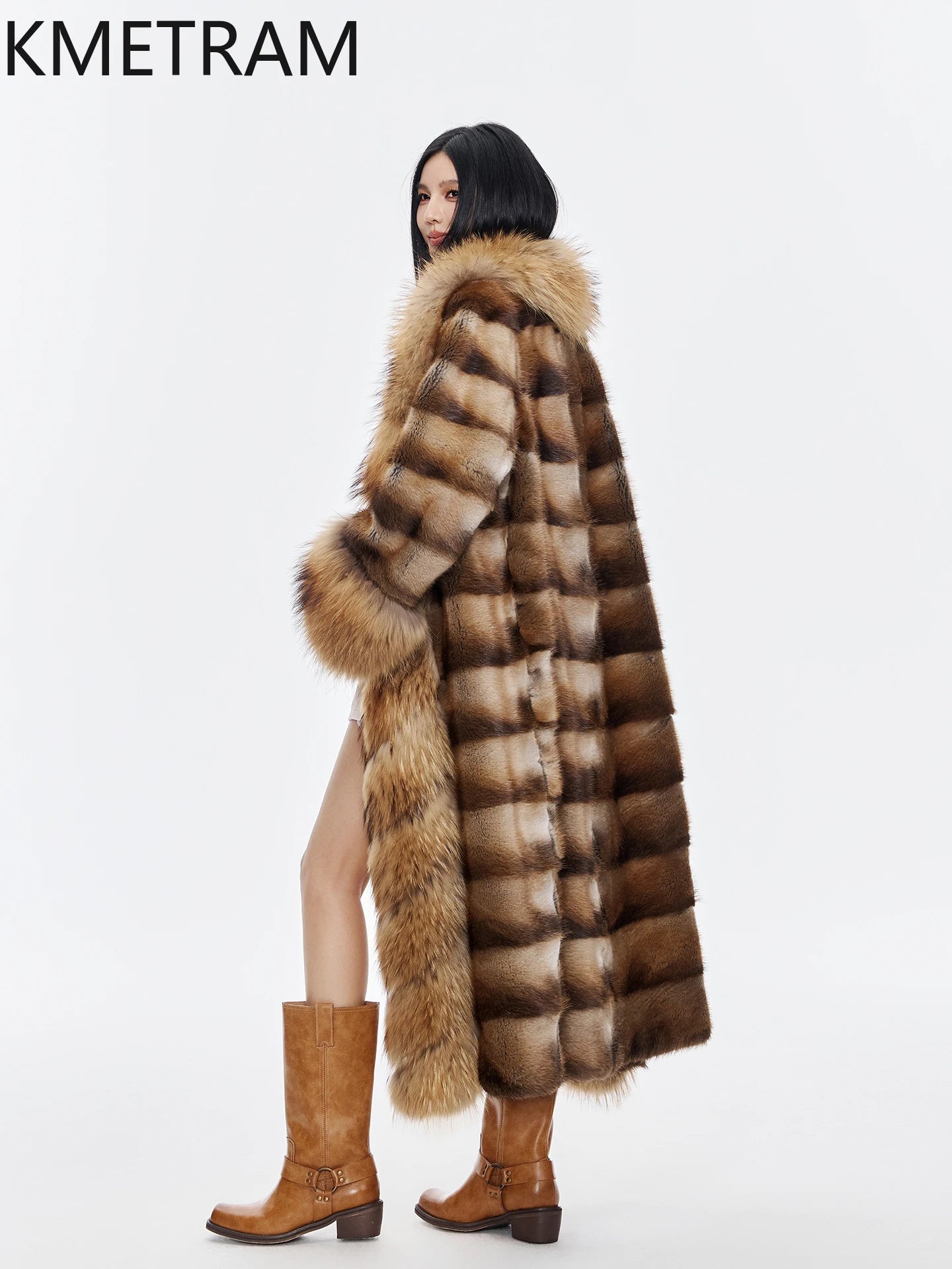 Luxurious Muskrat Fur Solid Long Coat — Natural | KIMLUD