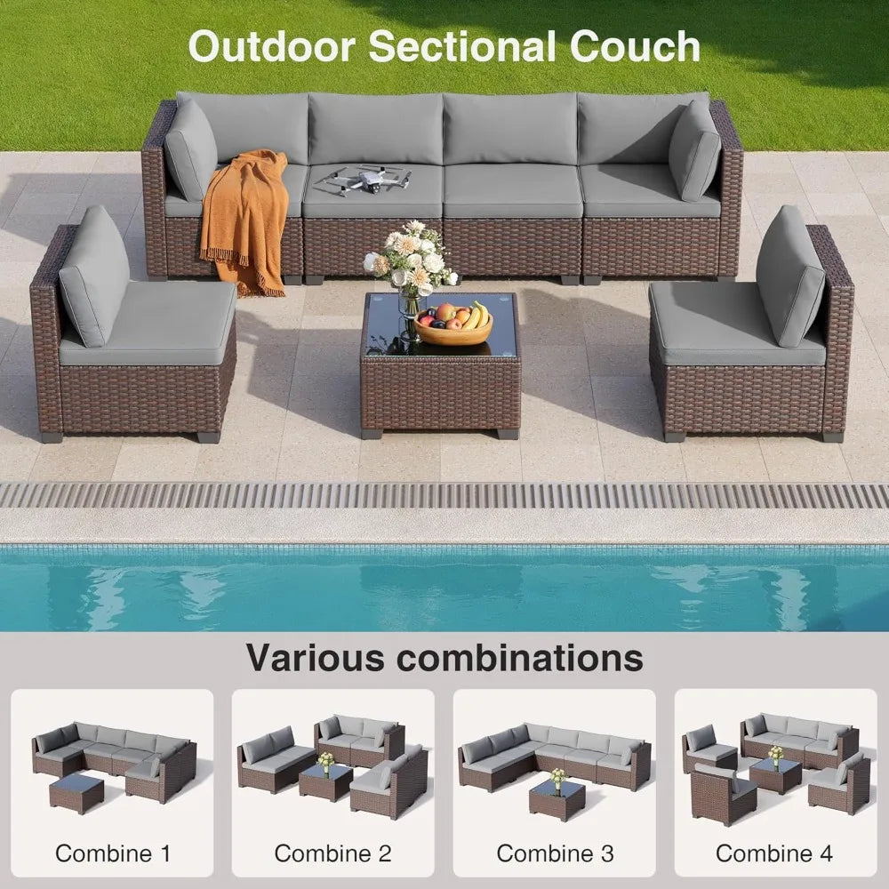 7 Pieces Outdoor Patio Furniture Set, PE Rattan Outdoor Wicker Sectional Furniture Sofa Set, with Cushions