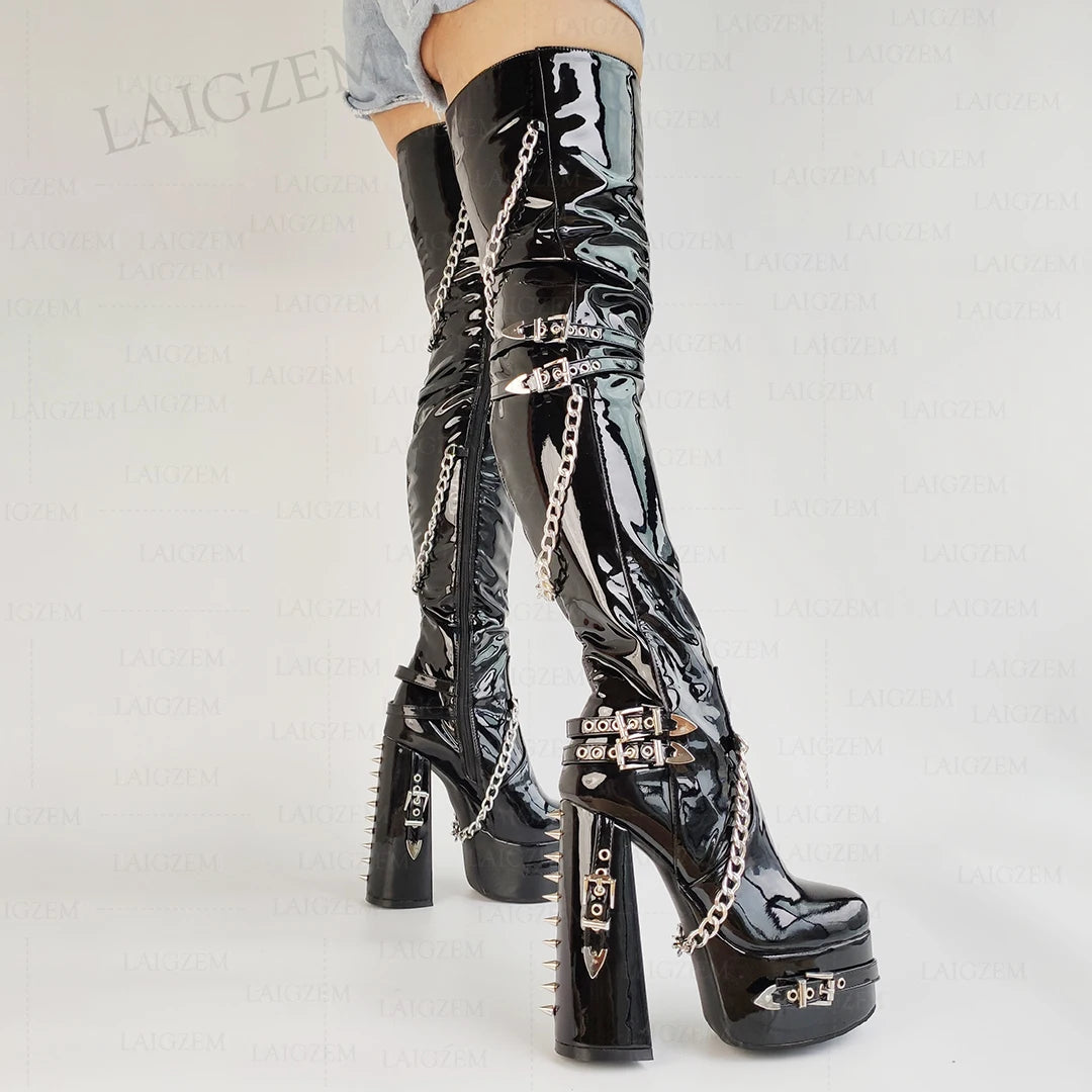 Over-the-Knee Boots – Slim Fit Platform Heels – Rivets Chains – Black | KIMLUD