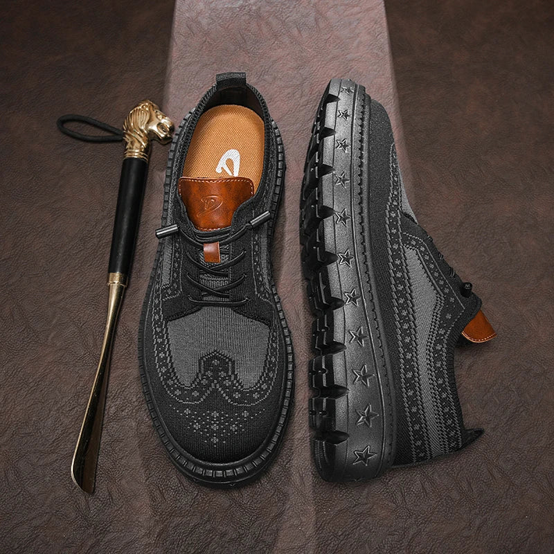 Men's Brogue Knit Oxford Sneakers, Breathable Lightweight Casual Dress Walking Shoes, Soft Cushion Non Slip Platform Fashion Sne
