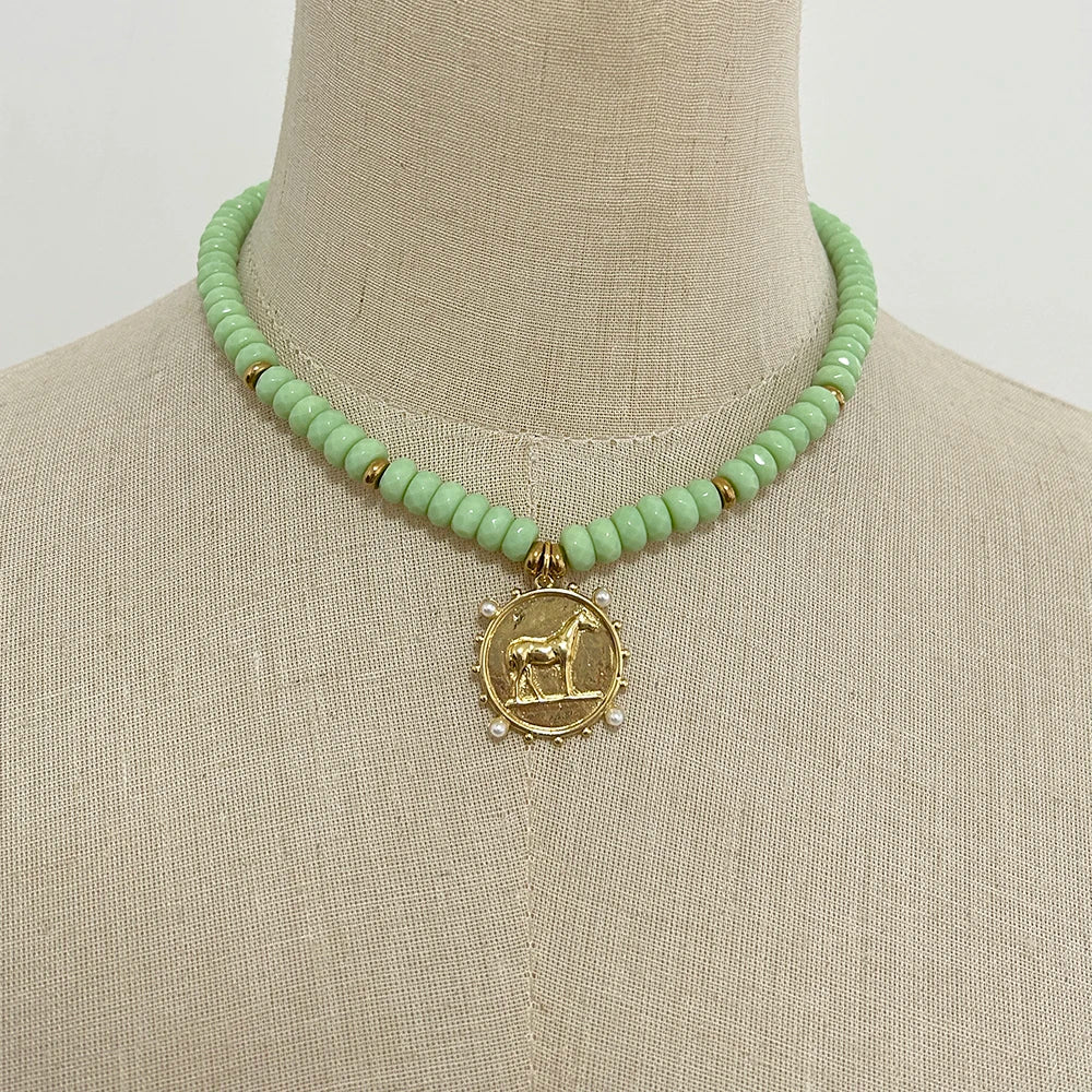 Malachite Coin Pendant Necklace Rope Knot — Green | KIMLUD