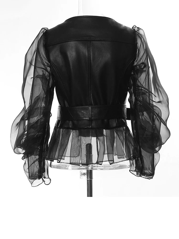 Leather Mesh Jacket – Loose Fit – PU Leather – Black | KIMLUD