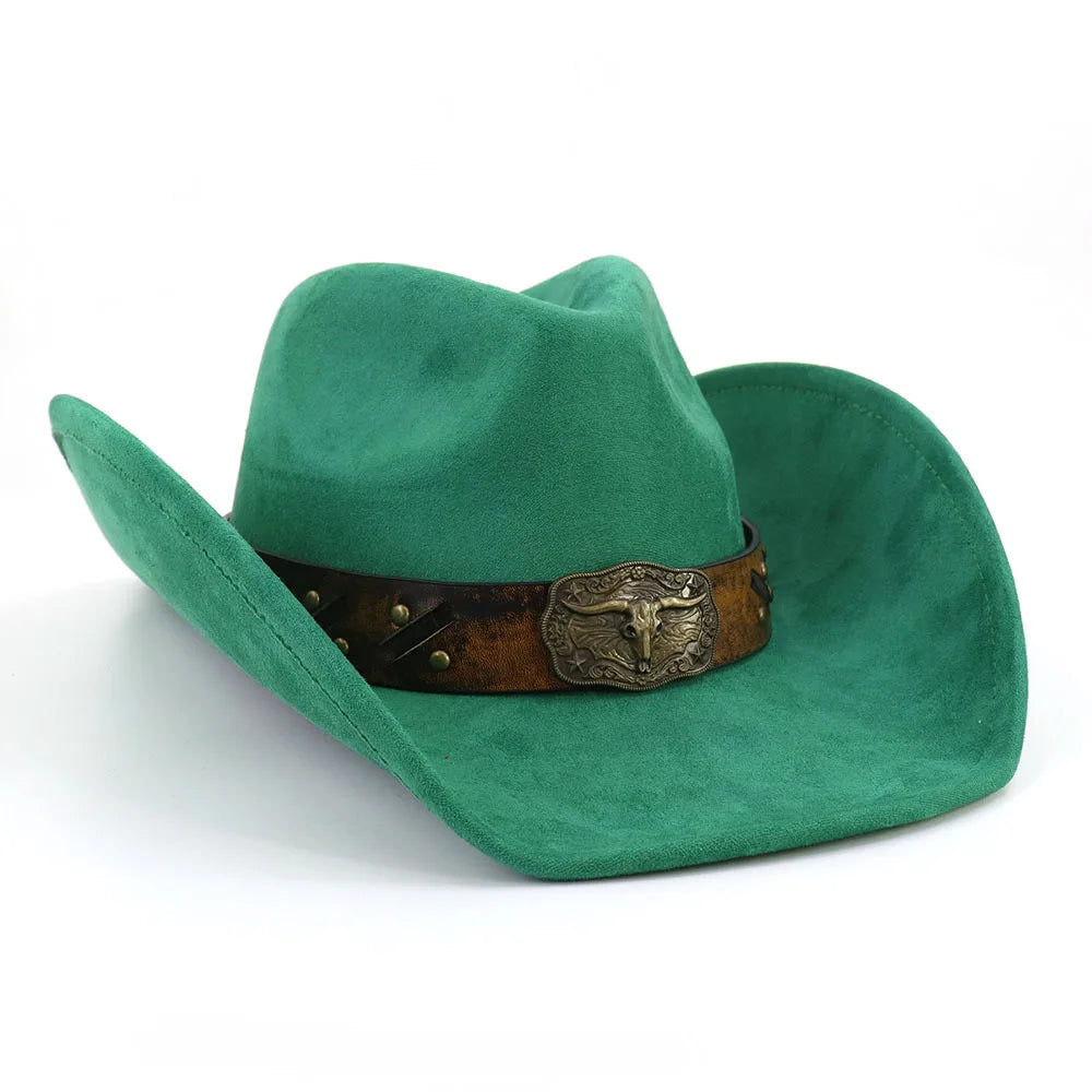 Leather Band Suede Cowboy Hat Big Brim Bull's Head — Brown | KIMLUD