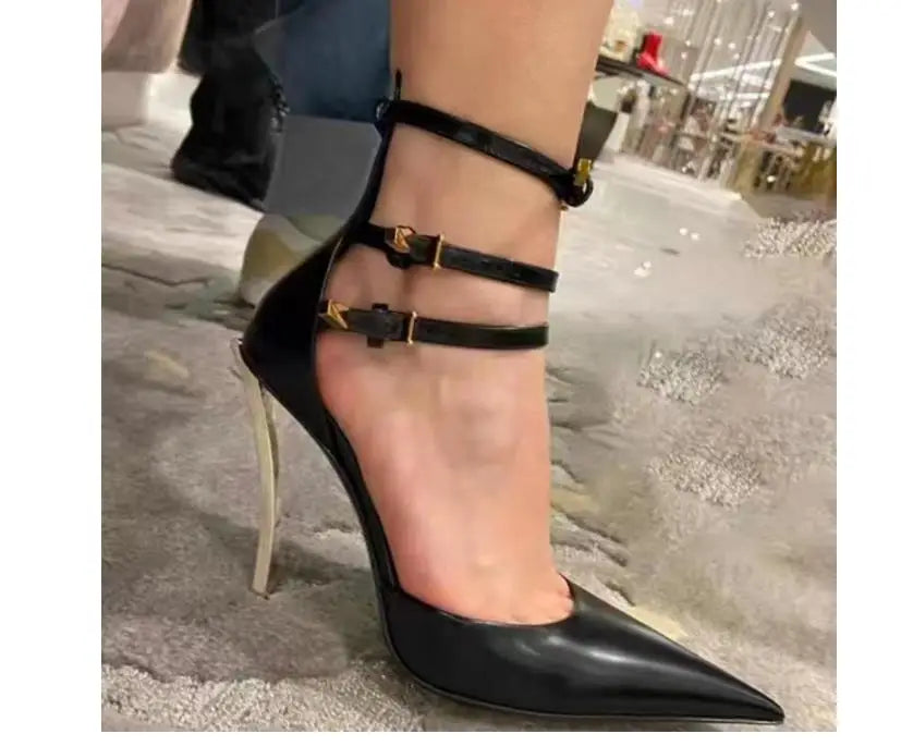 Microfiber Heeled Sandals Lace Up Pointed Toe — Black | KIMLUD
