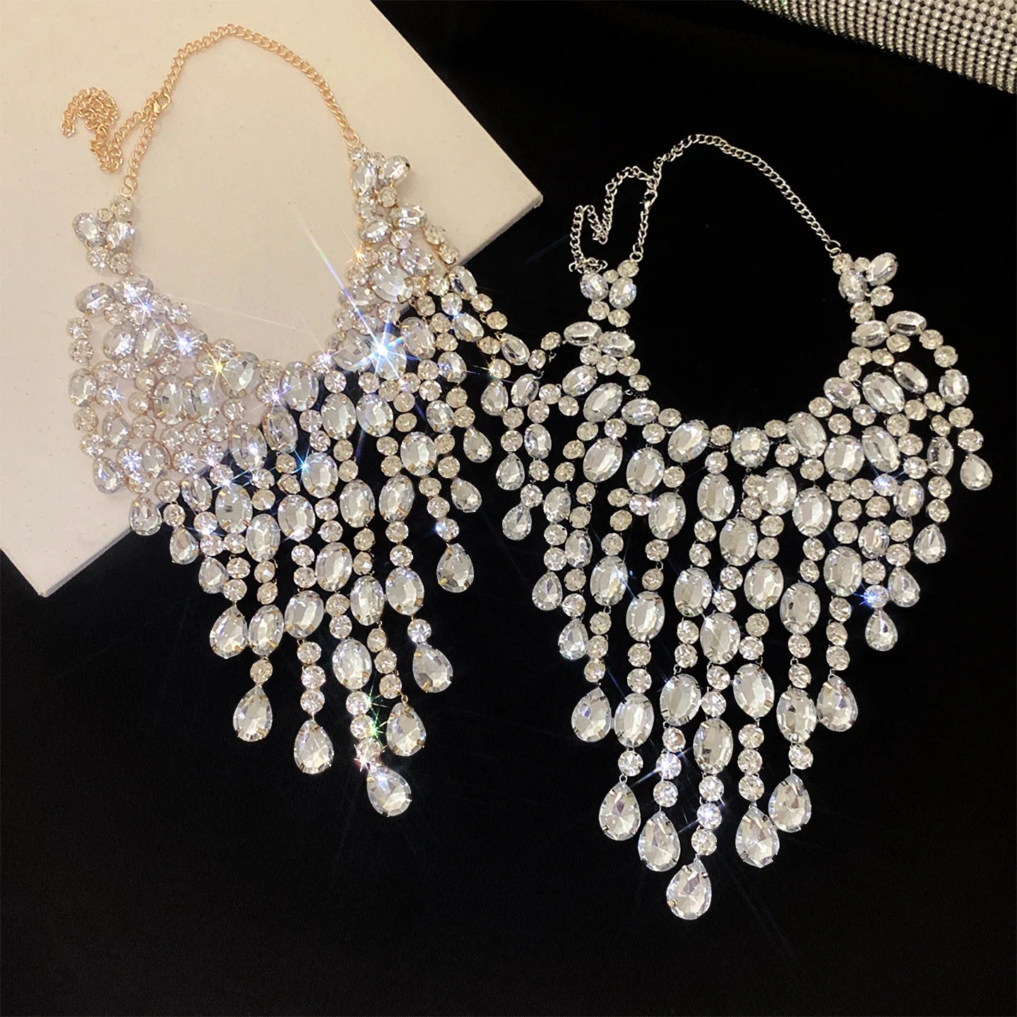 Luxury Tassel Water Drop Rhinestone Choker Necklace for Women Oversized Sparkly Elegant Evening Party Wedding Statement Jewelry