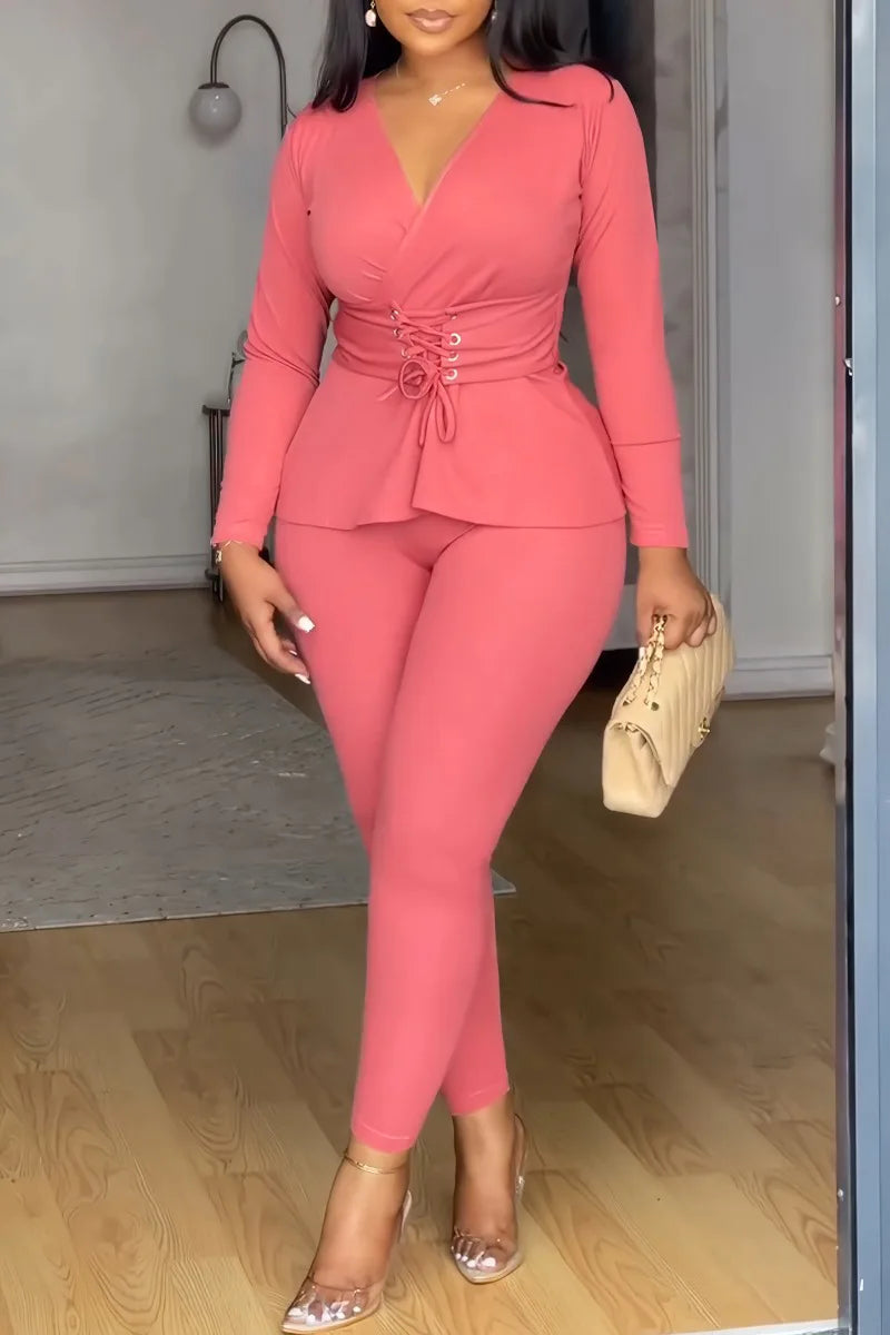 KIMLUD, Pant Set Women Two Piece Sets V Neck Elegnt Work Solid Casual Slim Fit High Waist Tops Matching Sets Long Pants Slim Fit 2025, KIMLUD Womens Clothes