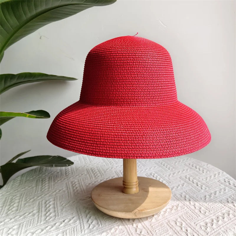 Straw Hepburn Sun Hat Wide Brim Foldable — Natural | KIMLUD