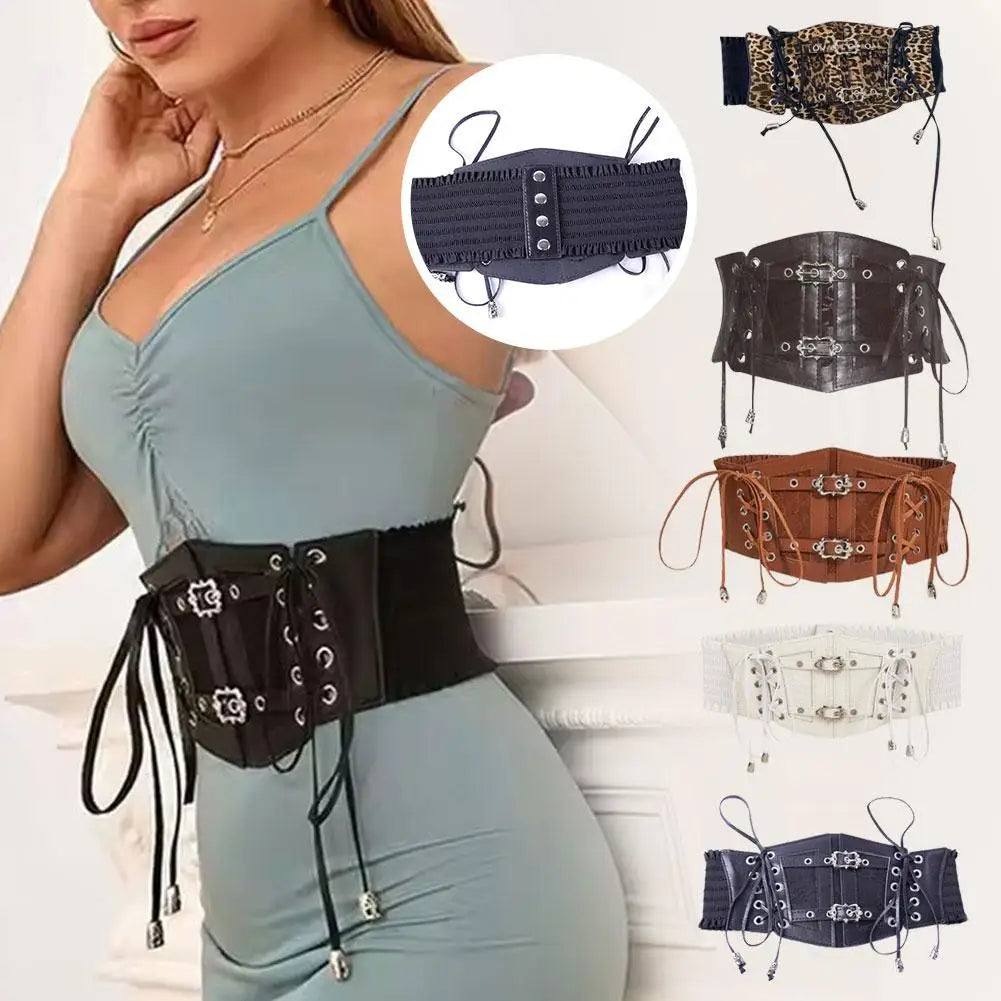Retro Wide Belt PU Stretch Cummerbunds Belts — Brown White | KIMLUD