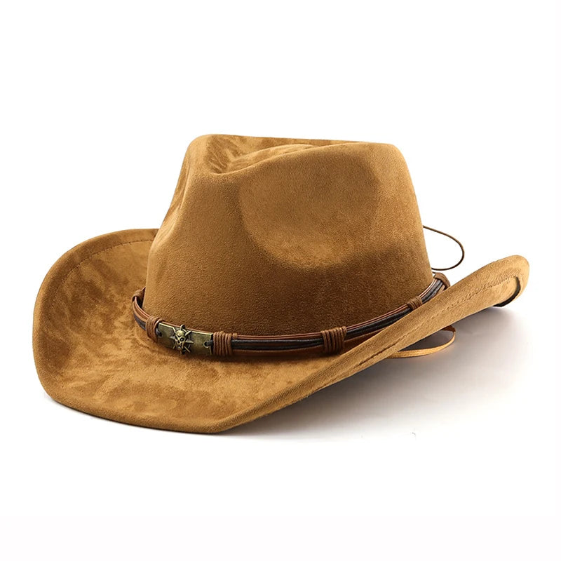Suede Western Cowboy Hat Rolled Brim Unisex — Brown | KIMLUD