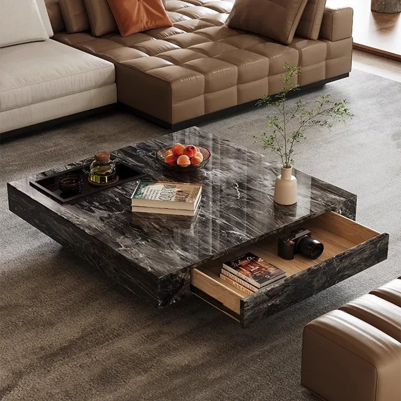 Marble-Top Side Table Minimalist Nordic With Subtle Veining — Onyx-Black | KIMLUD