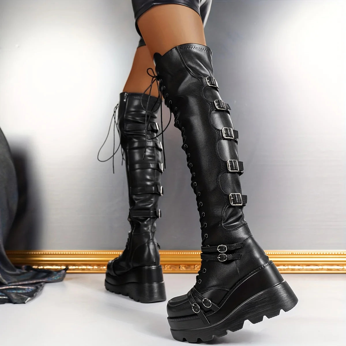 Women's Gothic Punk Thigh High Boots Fashion Side Zipper Lace-up Wedges High Heels Platform Coaplay Boots Woman