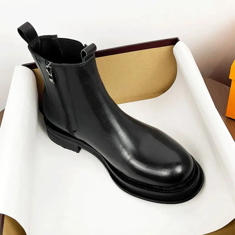 Leather Chelsea Boots Mid-Calf Round Toe — Black | KIMLUD