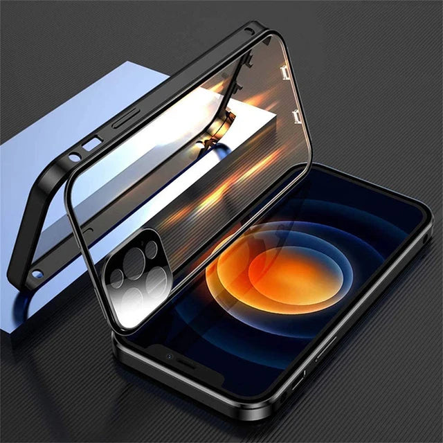360 Full Protection Metal Magnetic Double Sided Glass Snap Lock Case For iPhone 17 16 15 14 12 13 Pro Max Lens Protection Cover