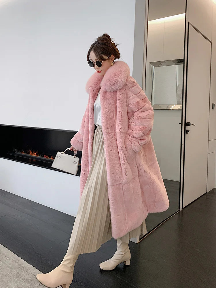 Rabbit Fur Coat – X-Long Rex Rabbit Fur – Fox Fur Collar | KIMLUD