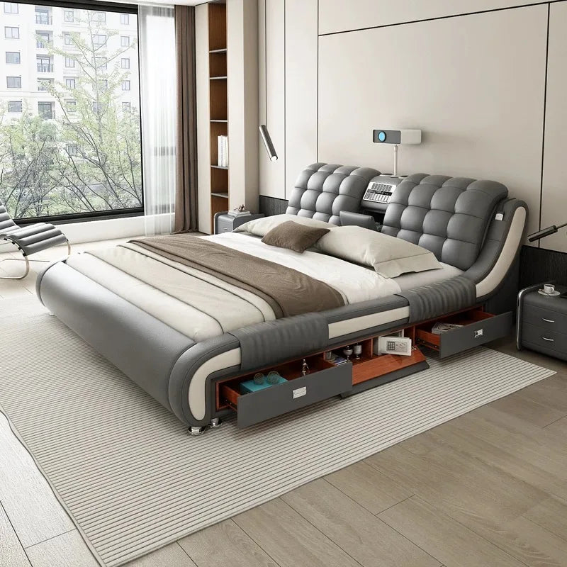 Genuine Leather Upholstered Electric Massage Bed King Size With Storage And Gas Lift — Custom Color | KIMLUD